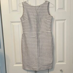 Massimo Dutti White Dress with Navy Stripes — Sleeveless Midi Sheath